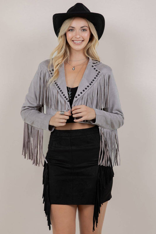 FRINGE STUDDED FUAX SUEDE JACKET