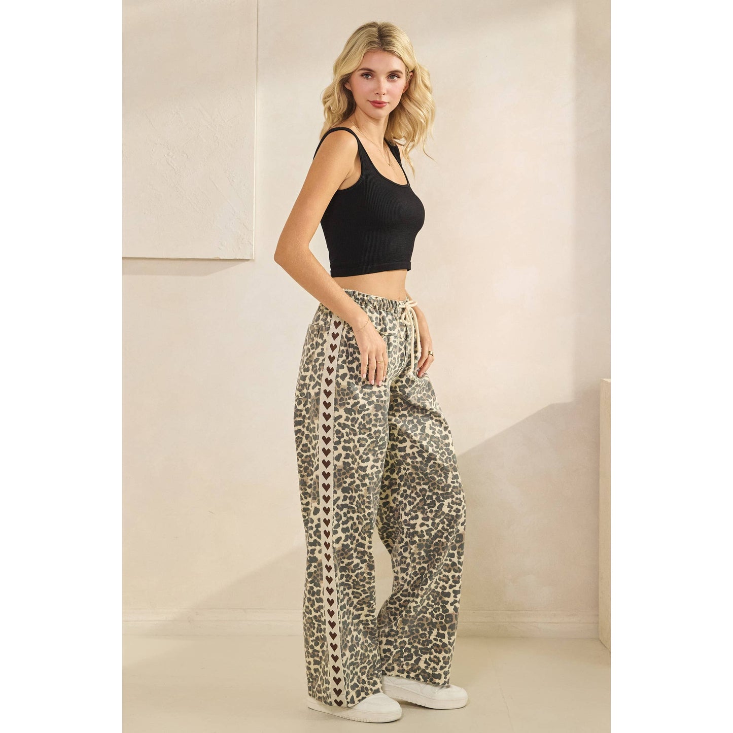 Leopard Printed Striped Wide Legged Pants: Brown Heart