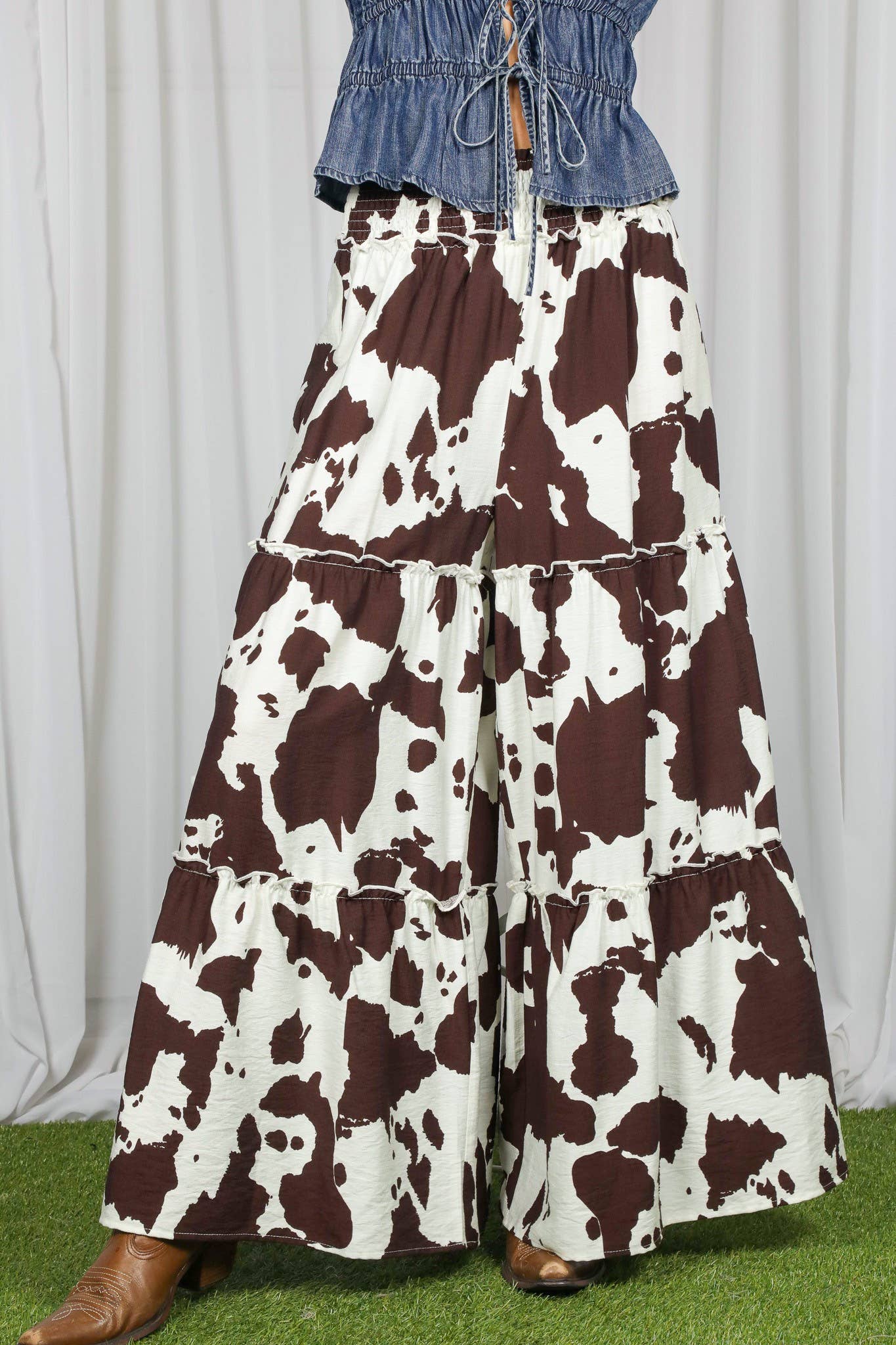 Wide Leg Beach Palazzo Cow Print Pants-Brown