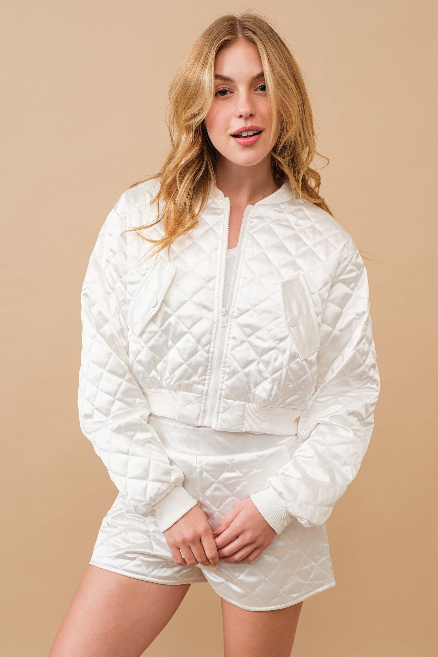 Quilted Crop Pocket Bomber Jacket w/ shorts Matching Set