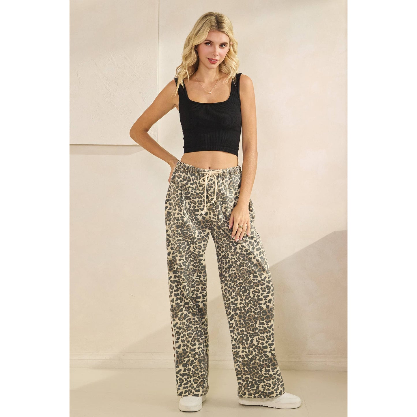 Leopard Printed Striped Wide Legged Pants: Brown Heart