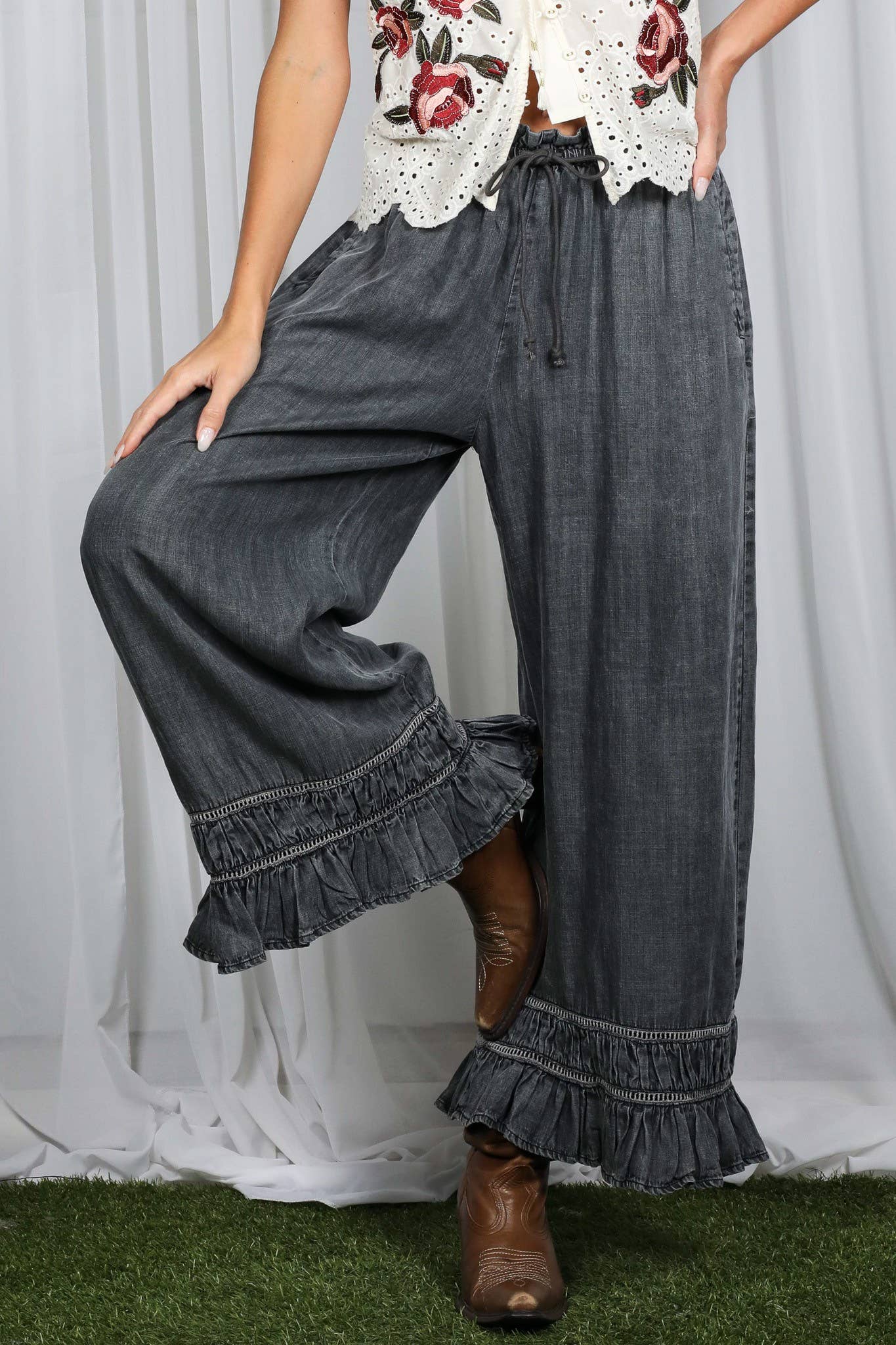 Flared Ruffle Hem Washed Chambray Crop Denim Pants