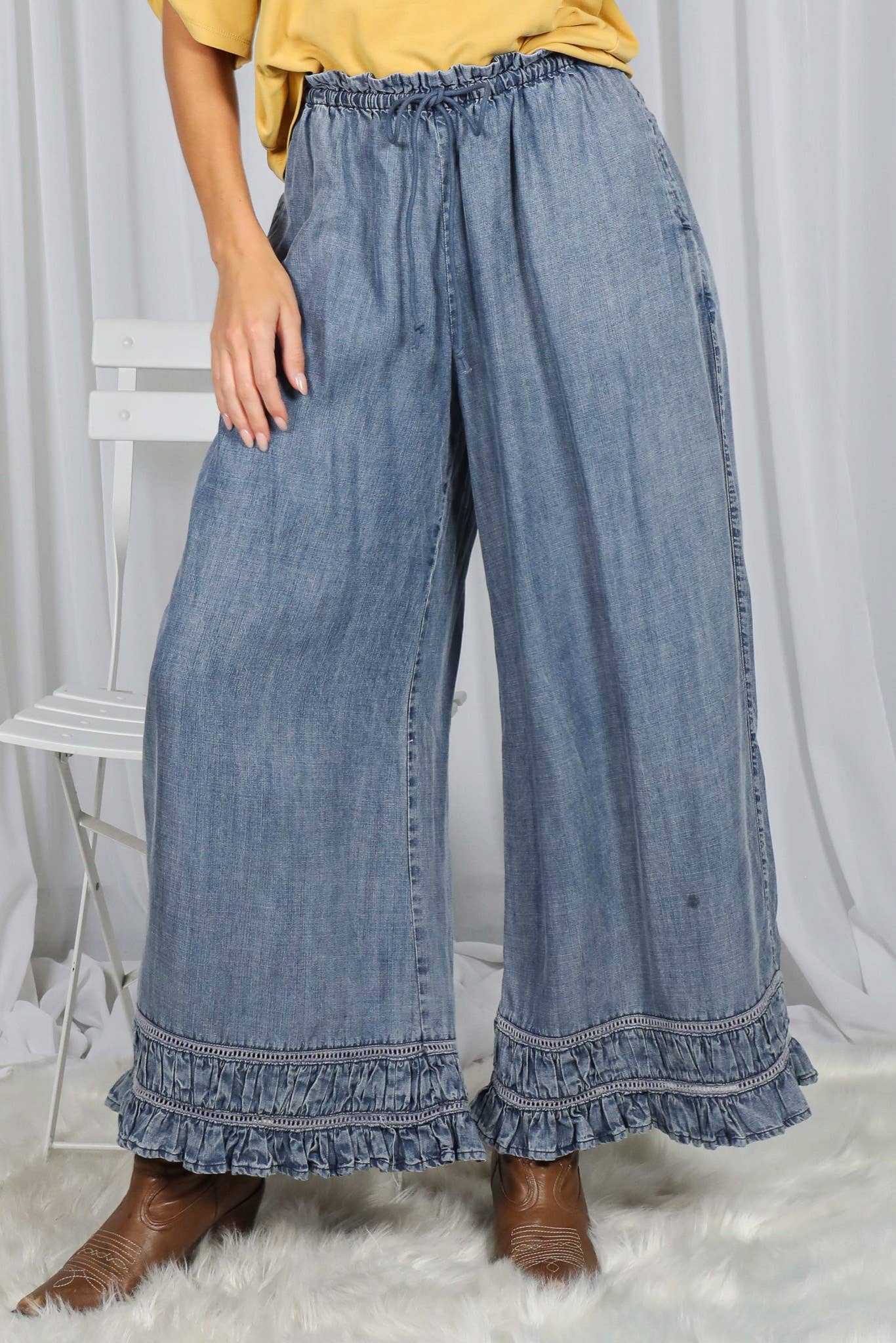 Flared Ruffle Hem Washed Chambray Crop Denim Pants