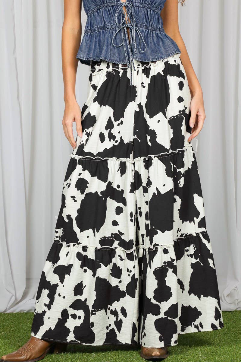 Wide Leg Beach Palazzo Cow Print Pants-Black