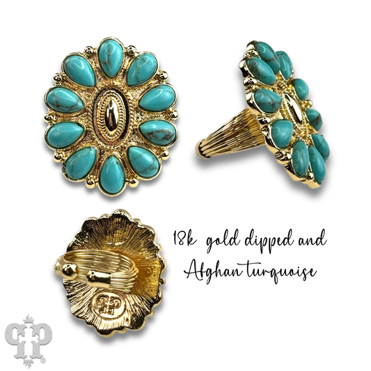 Turquoise and 18k gold dipped concho ring: Turquoise