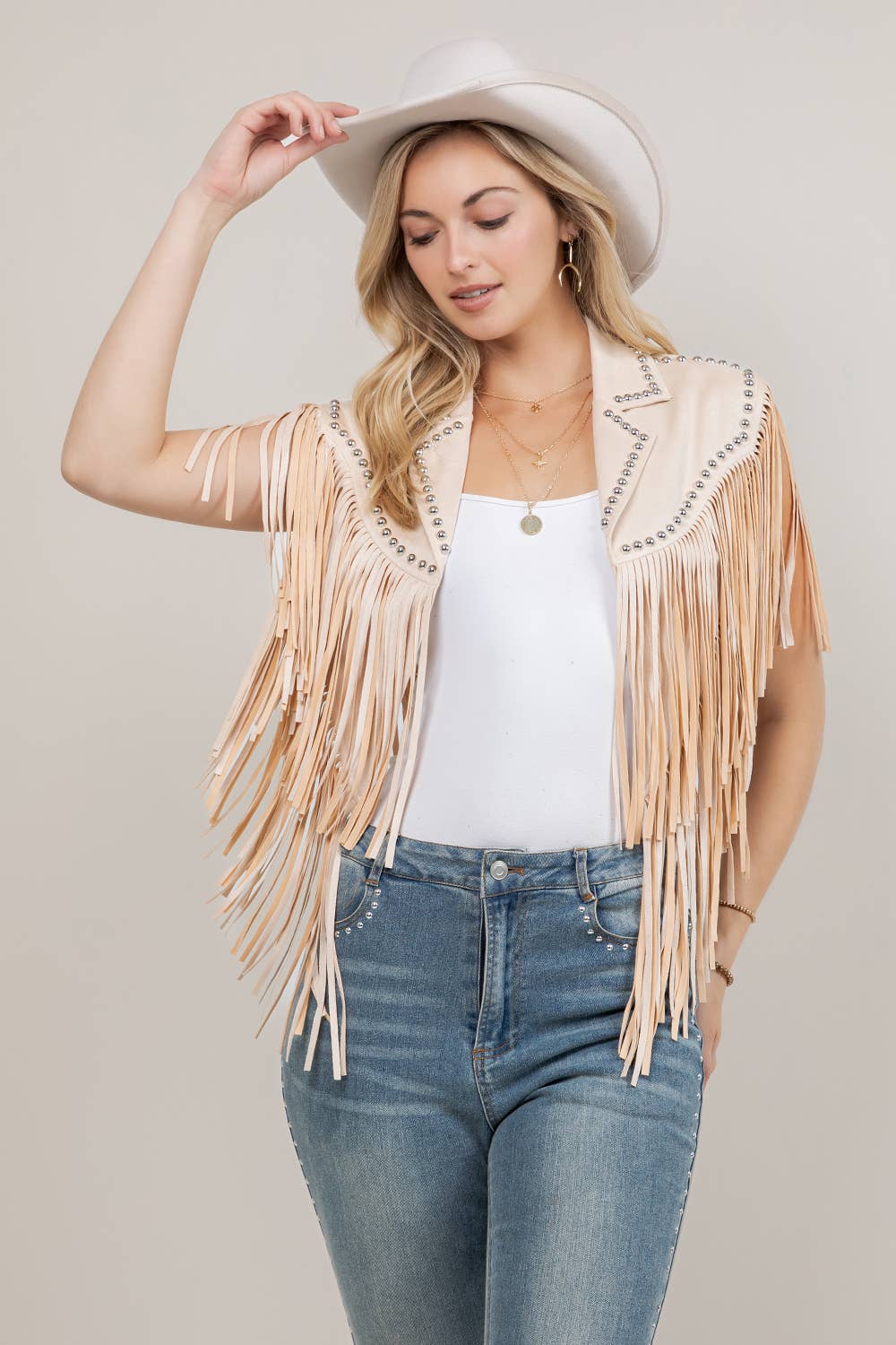 Studded Fringe Shrug- Cream