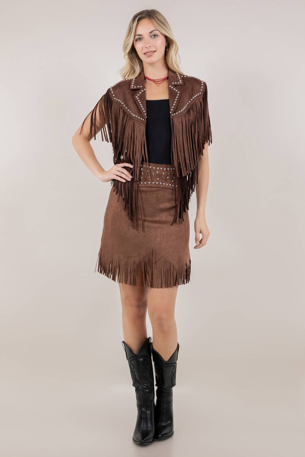 Studded Fringe Shrug - Chocolate