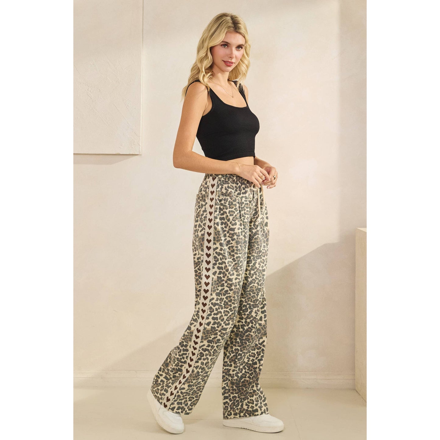 Leopard Printed Striped Wide Legged Pants: Brown Heart