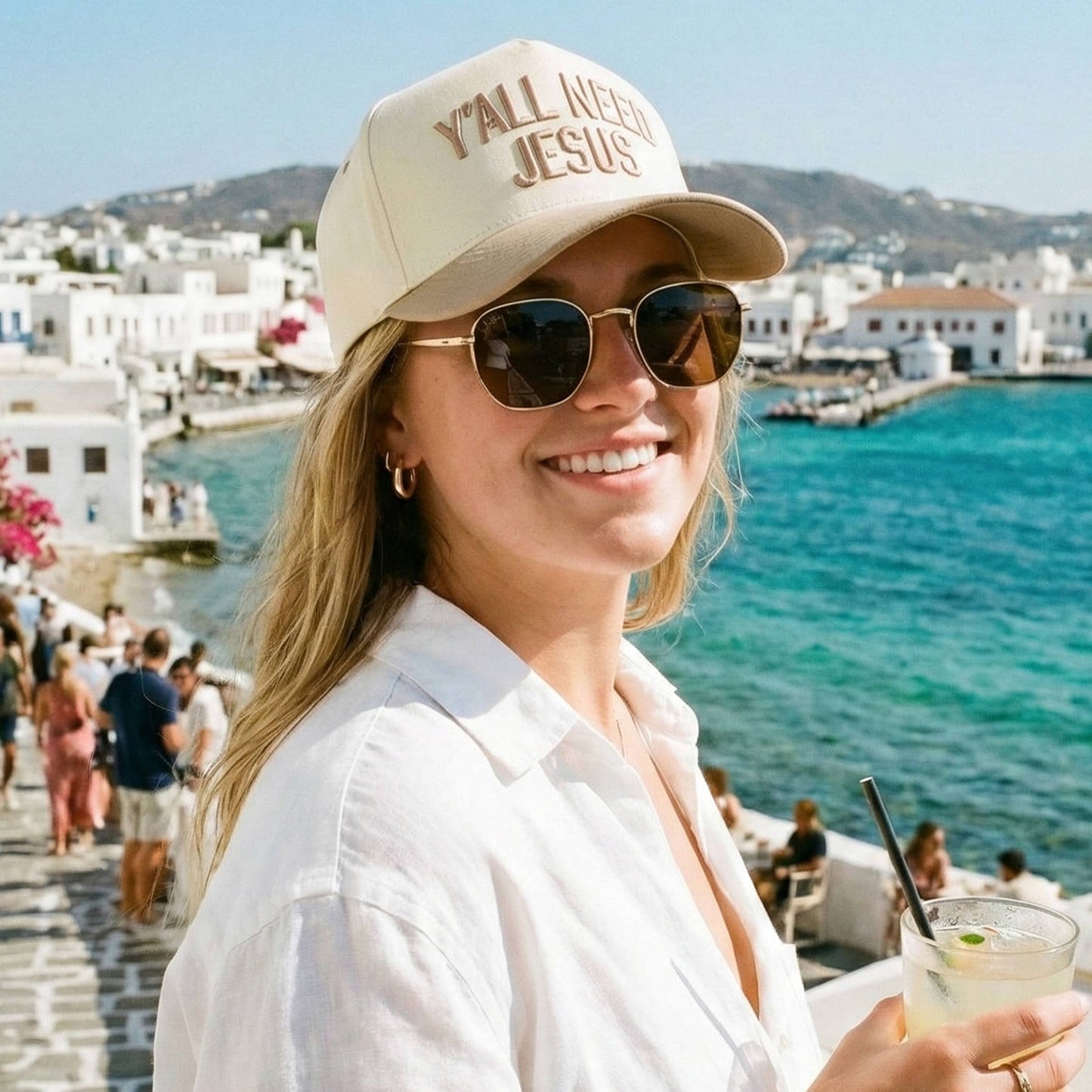 Y'ALL NEED JESUS Embroidered Letter Two Tone Trucker Hat: Beige