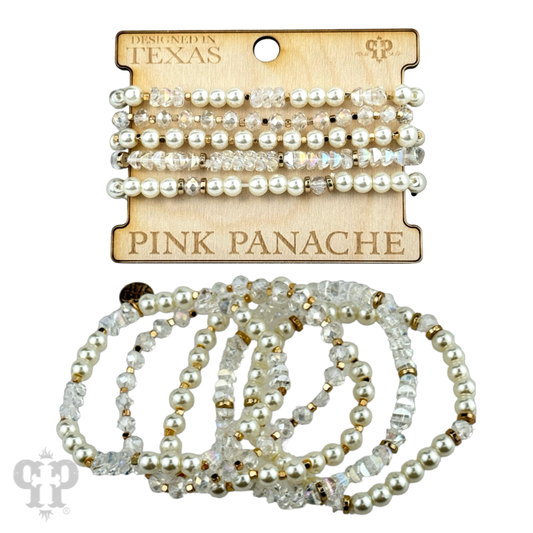 Pearl and faceted bead bracelet stack: White