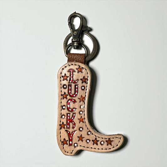 Lucky tooled leather & cowhide keychain 