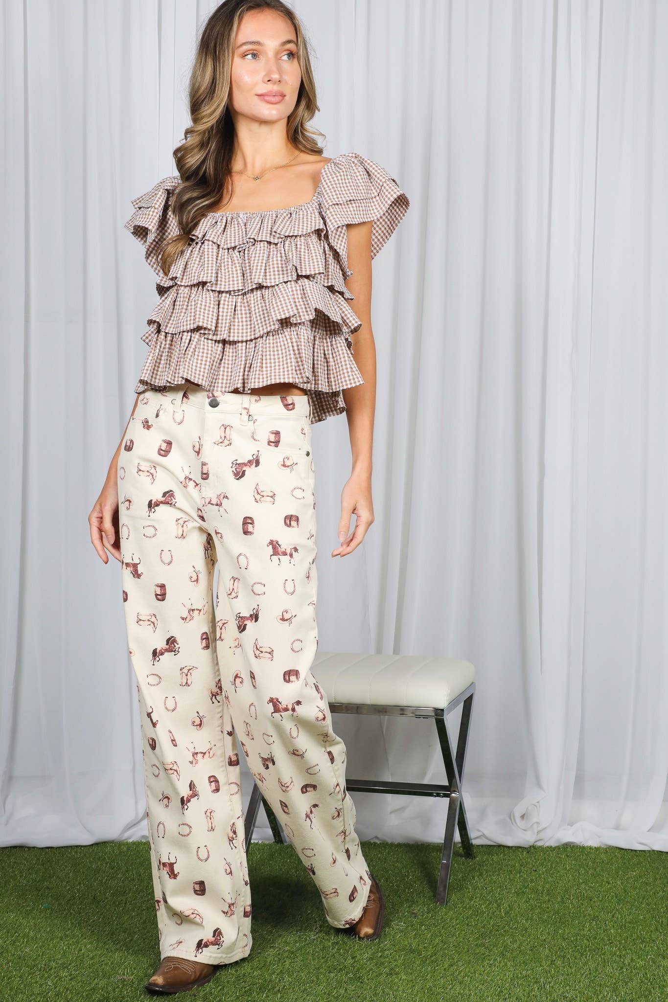 Western Print Wide Leg Pants