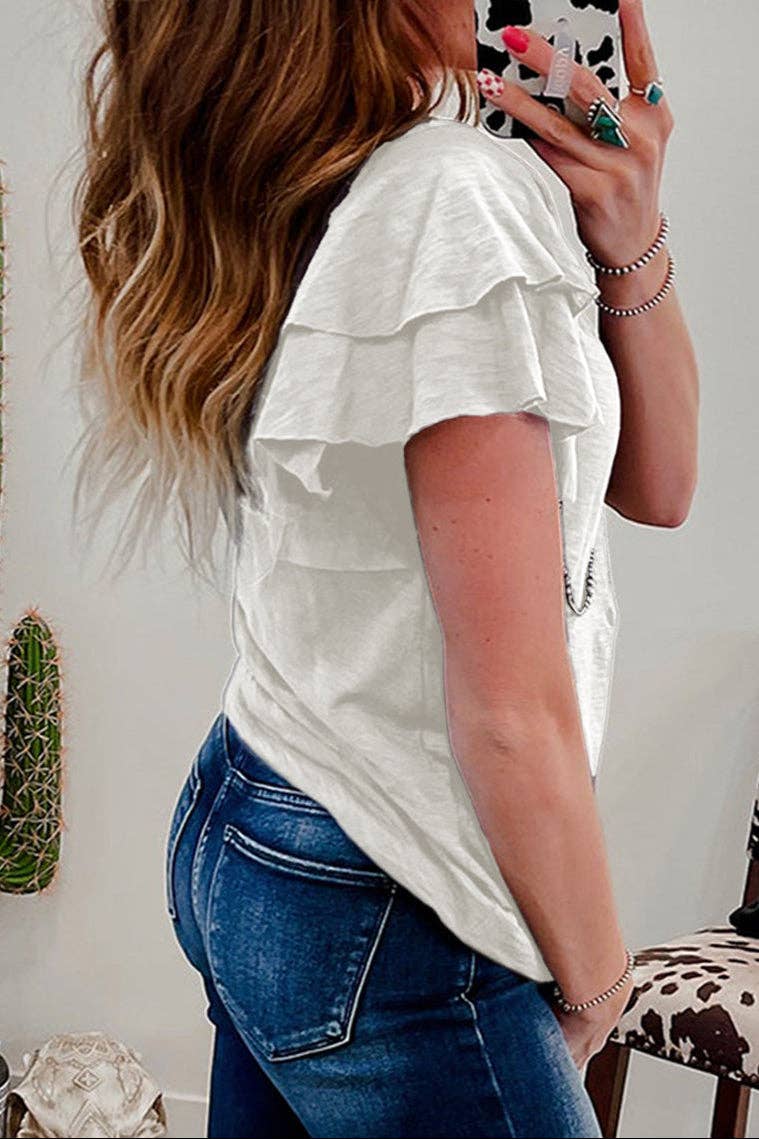 Solid Ruffle Short Sleeve Summer Top: White