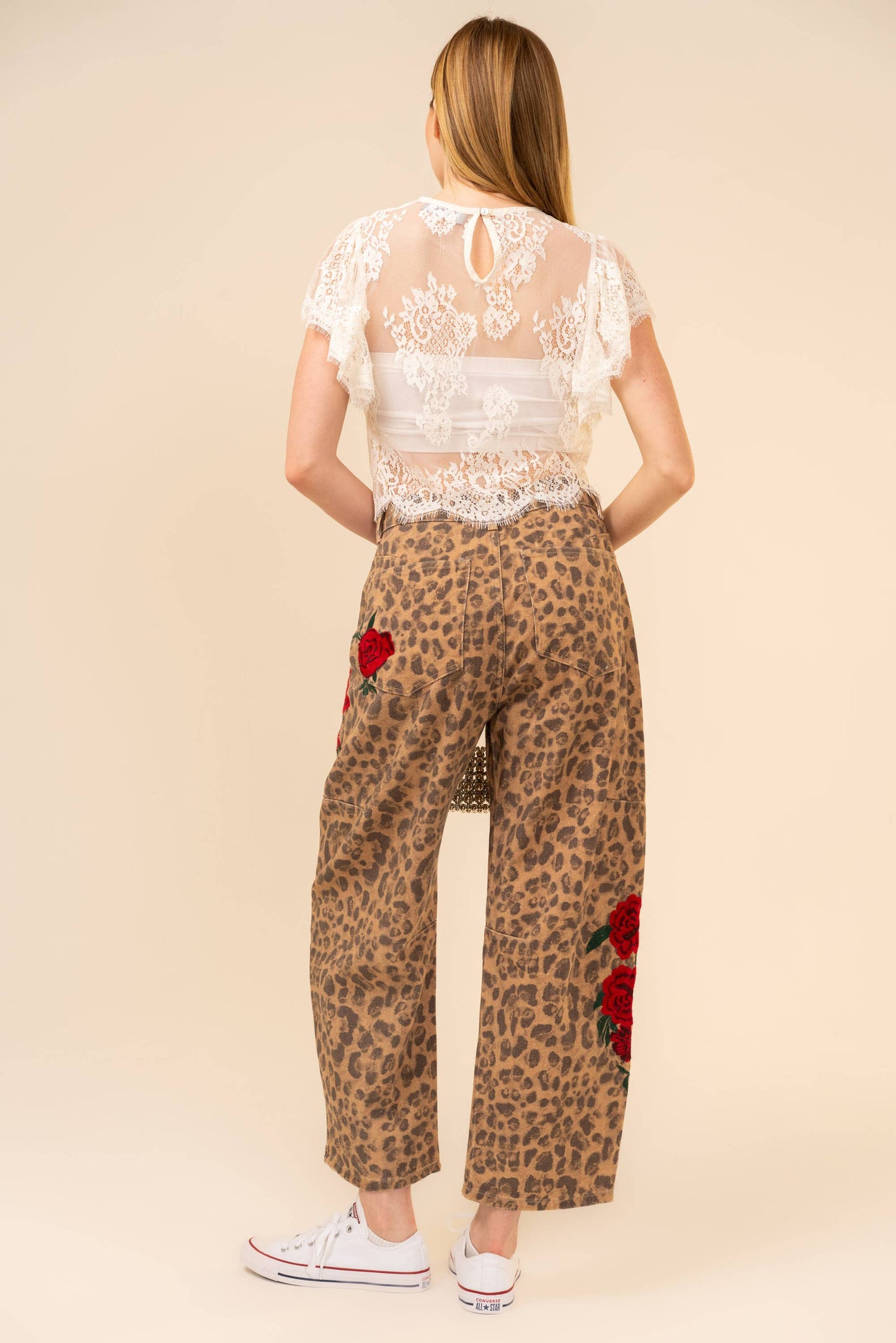 91981P Rose Embroidered Leopard Barrel Pants: LEOPARD / S-M-L (2-2-2)