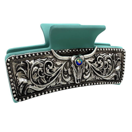 Western Longhorn Rhinestone Silver Turquoise Hair Claw