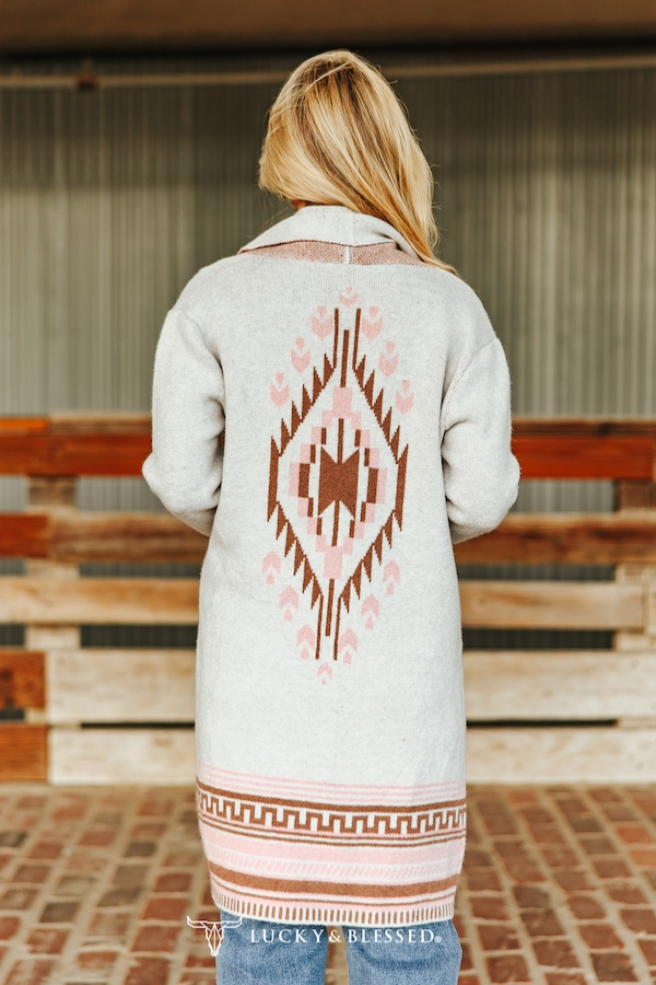 Ivory Soft Pink Aztec Long Sleeve Knitted Cardigan: S