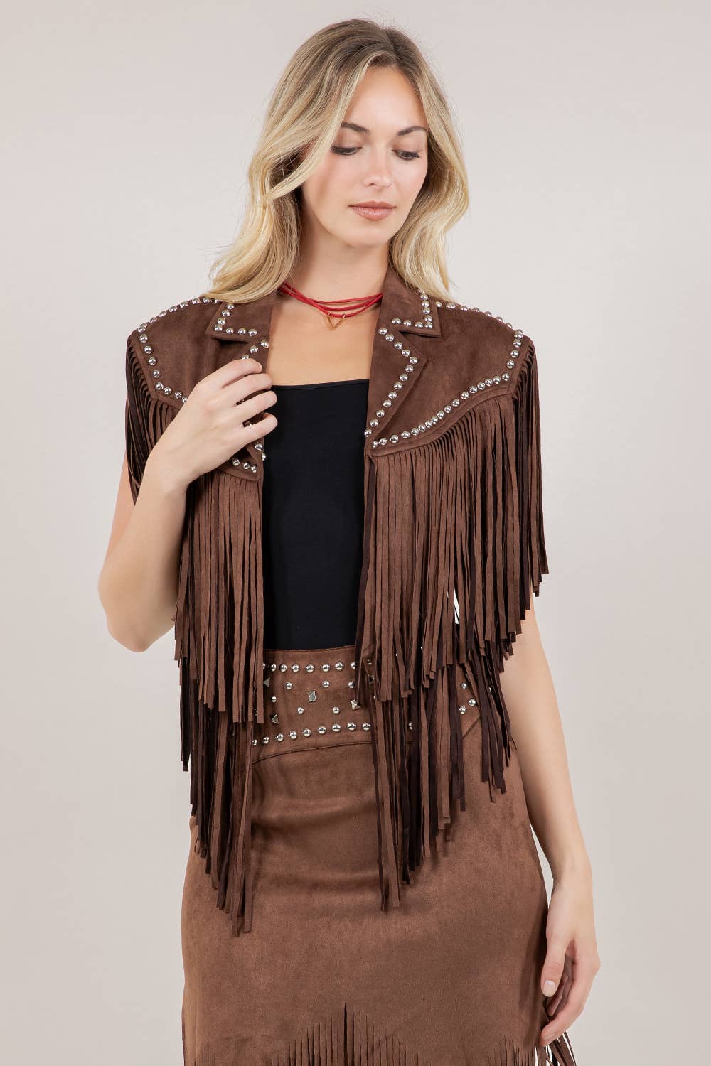 Studded Fringe Shrug - Chocolate