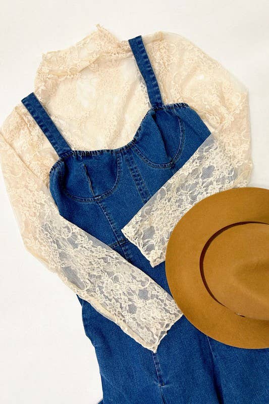 Floral Print Lace Long Sleeve Mesh/Lace Top