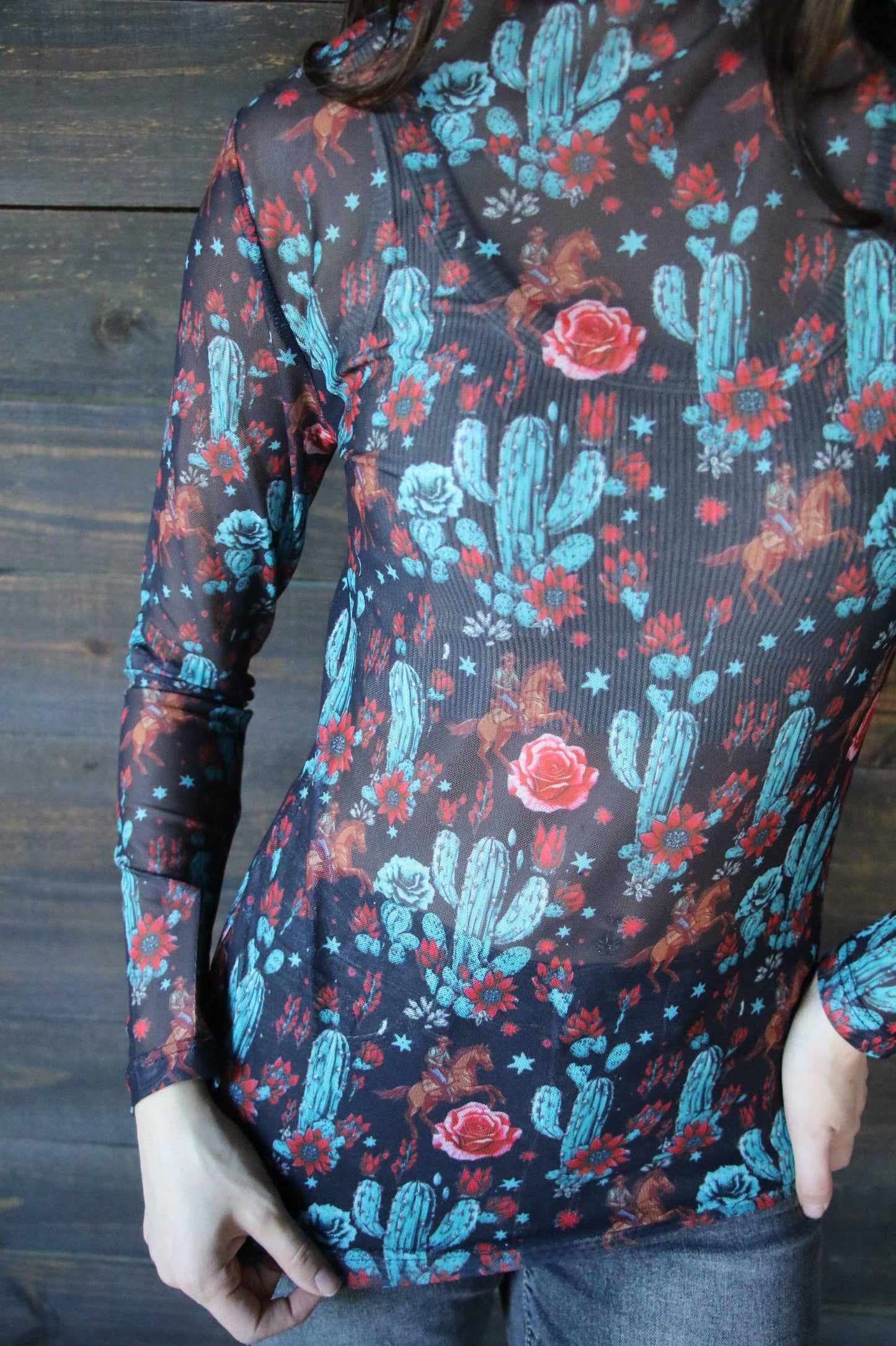 Retro Black Cactus Mesh Top