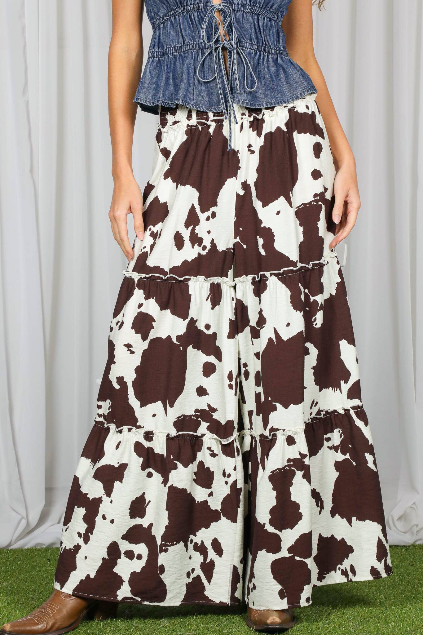 Wide Leg Beach Palazzo Cow Print Pants-Brown