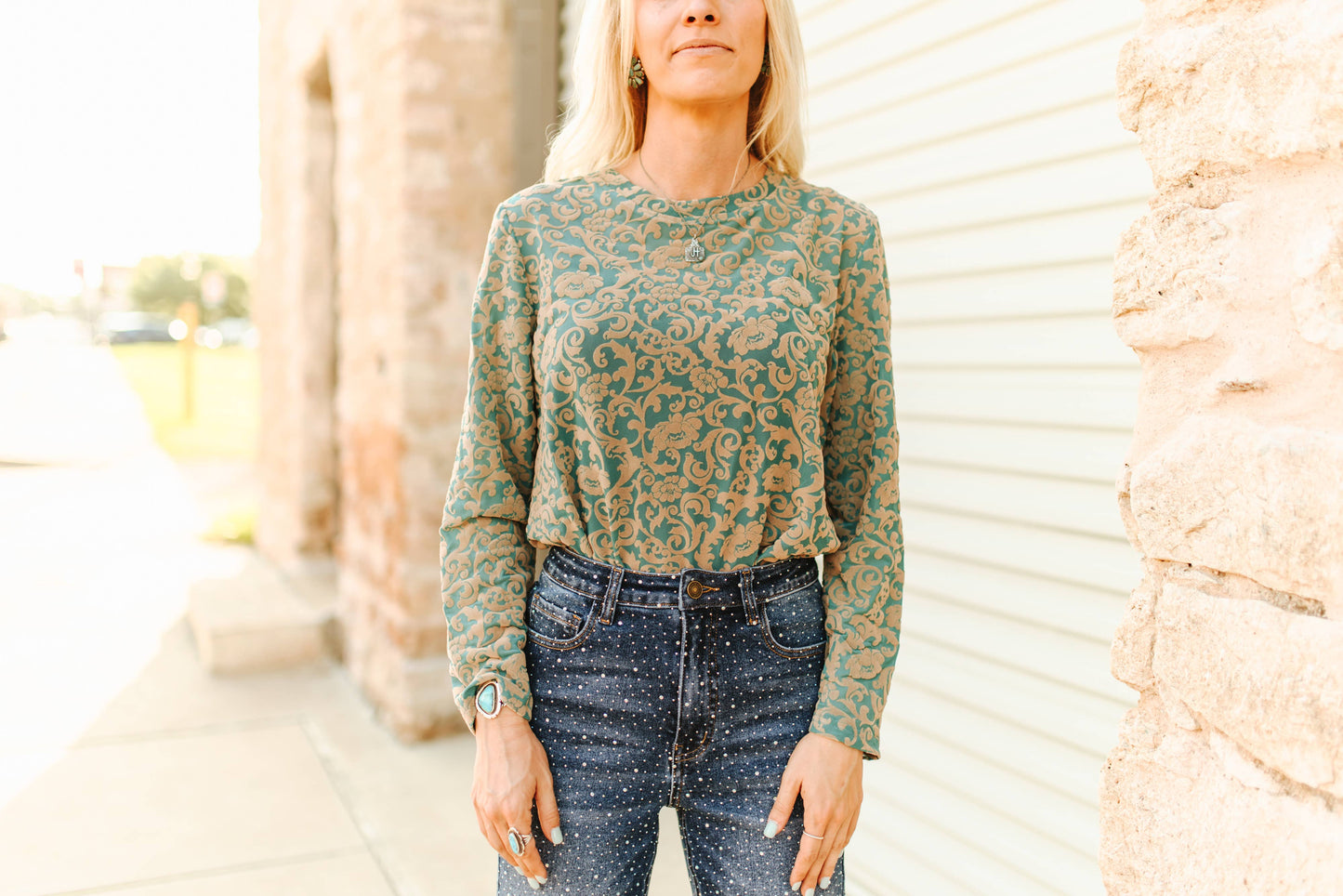 Turquoise Tooled Burnout Mesh Top