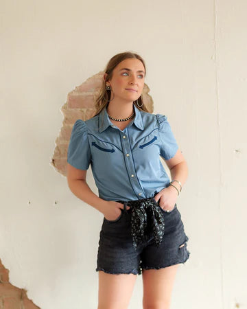 Howdy Hanny Denim Blue Pearl Snap Top