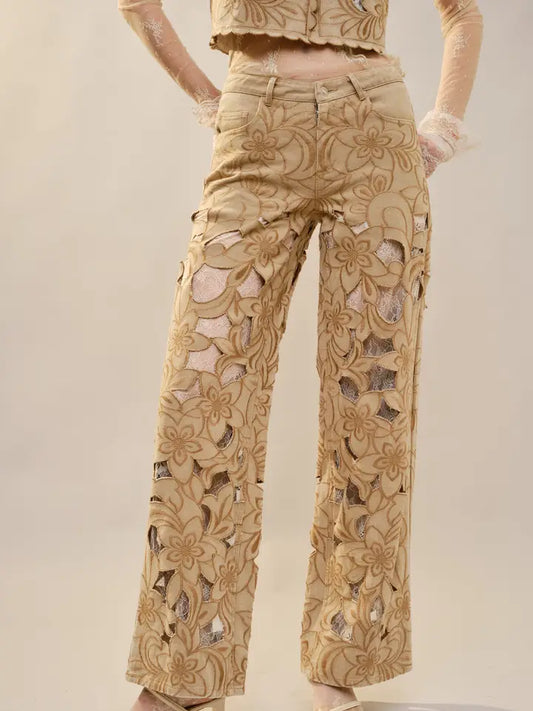 Cut Out Floral Embroidered Lace Twill Jeans