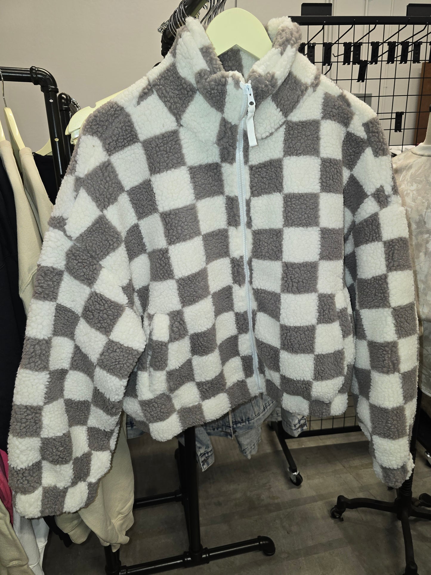 Grey Crop Checkered Sherpa