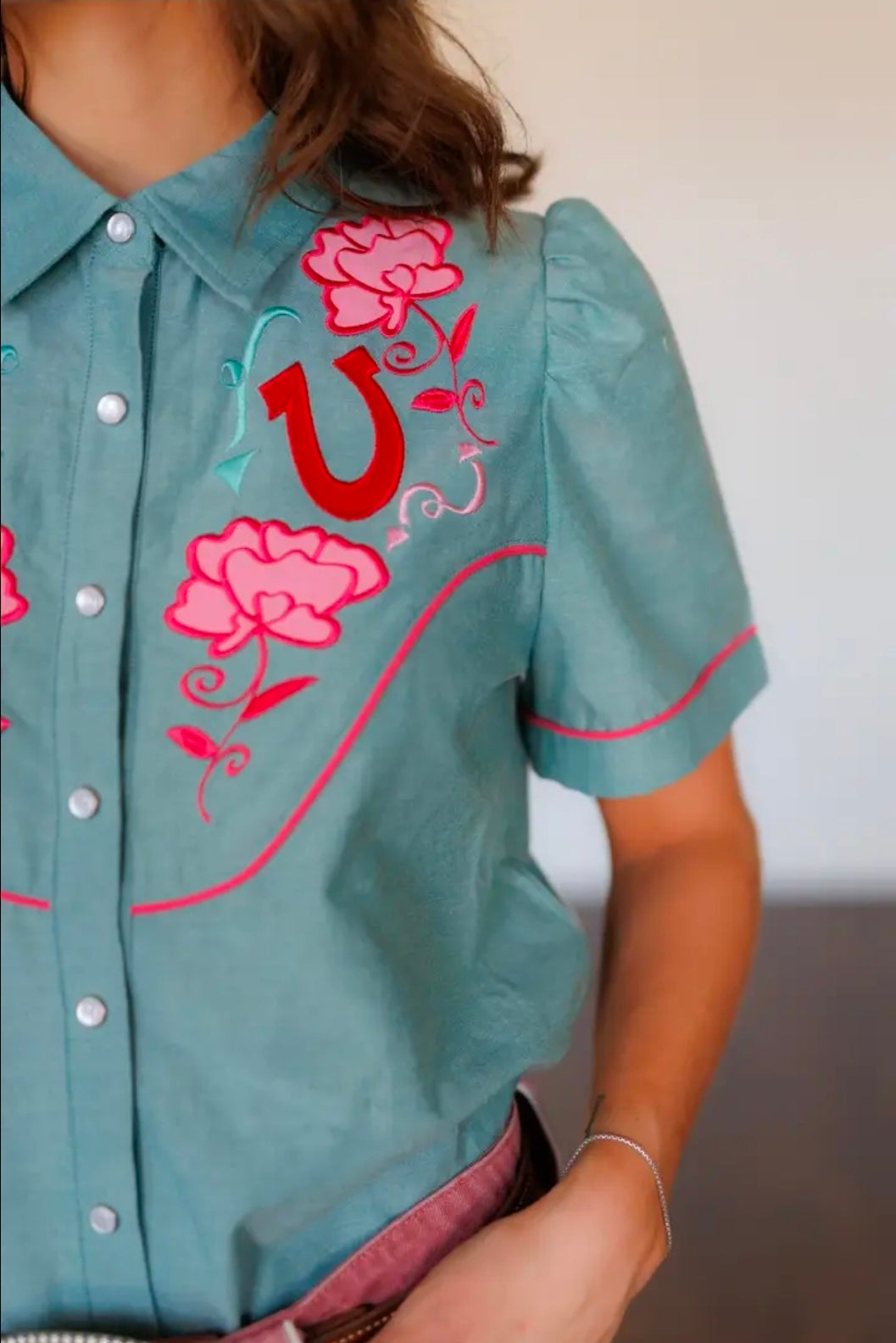 Pink Rose Chambray Pearl Snap