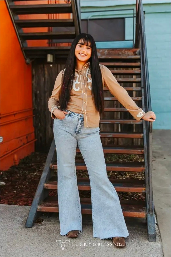 Lucky and Blessed Light Wash Flare Denim Jeans