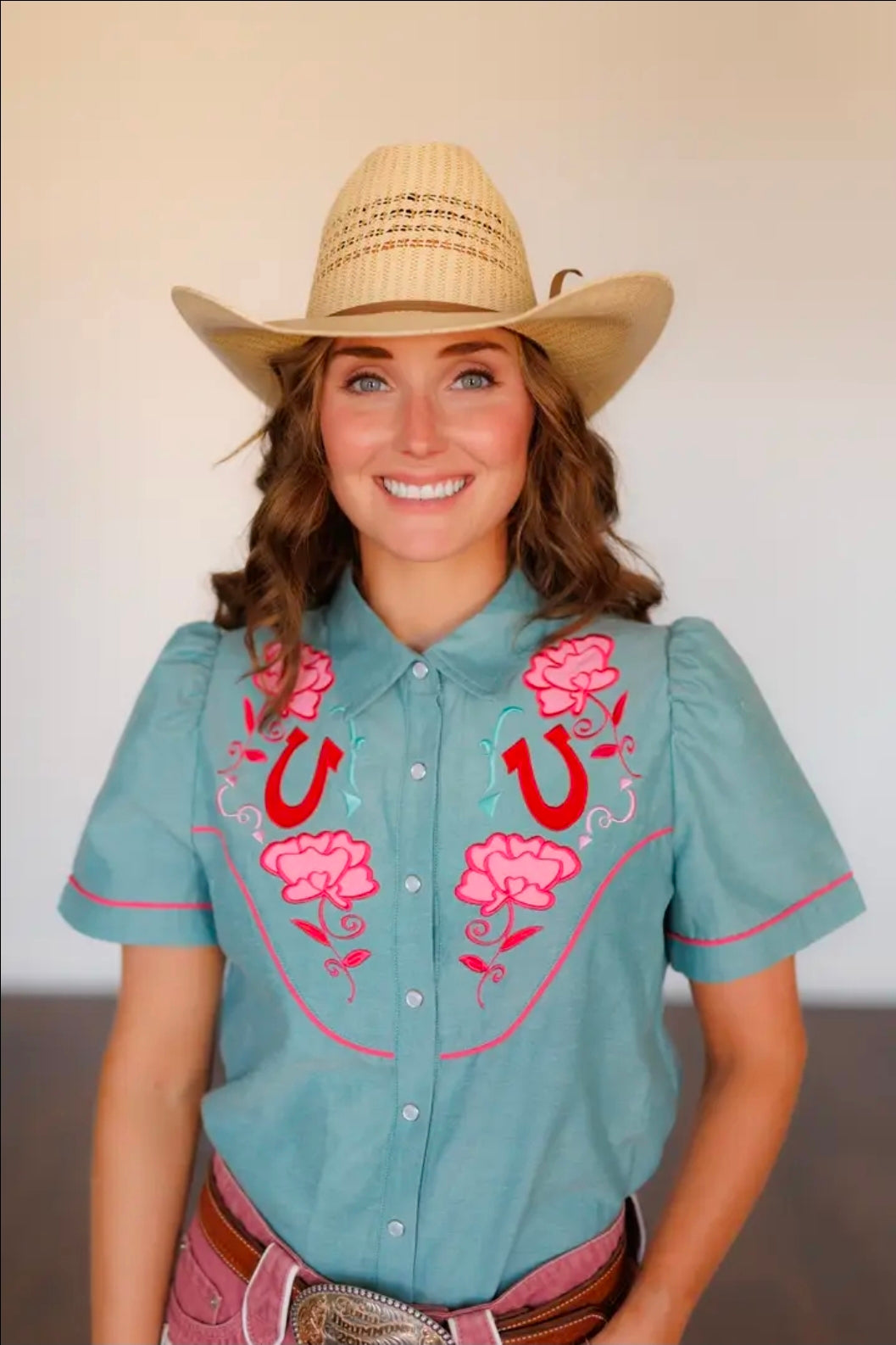 Pink Rose Chambray Pearl Snap
